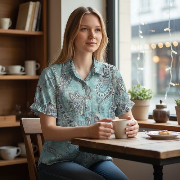 CherryBetty Retro Paisley Print Collared Puff Sleeve Top Blue Size medium - Picture 3 of 7